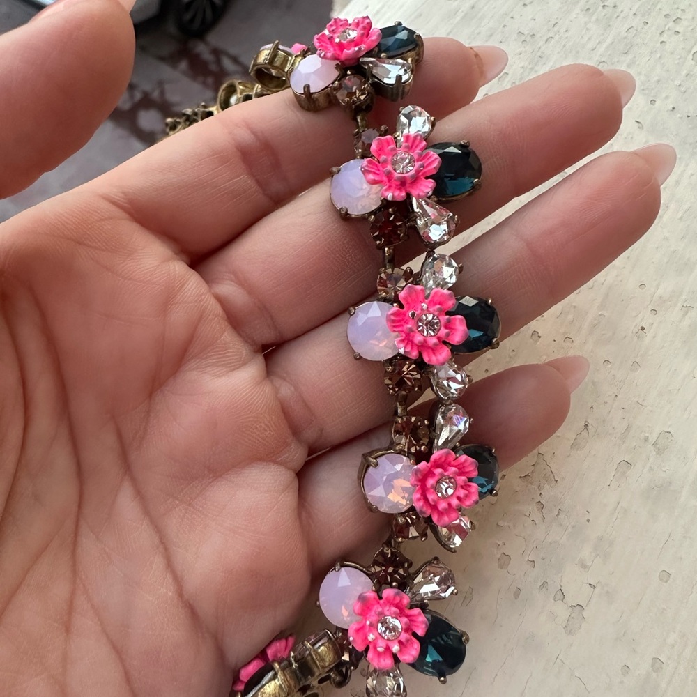 J.Crew Floral Crystal Statement Necklace & Stud Earrings Pink & Emerald Green - Picture 6 of 9